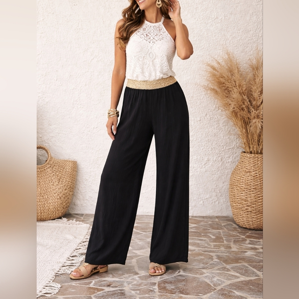 Thalia Sodi Gold Waistband Lined High Rise Black Pants Medium
